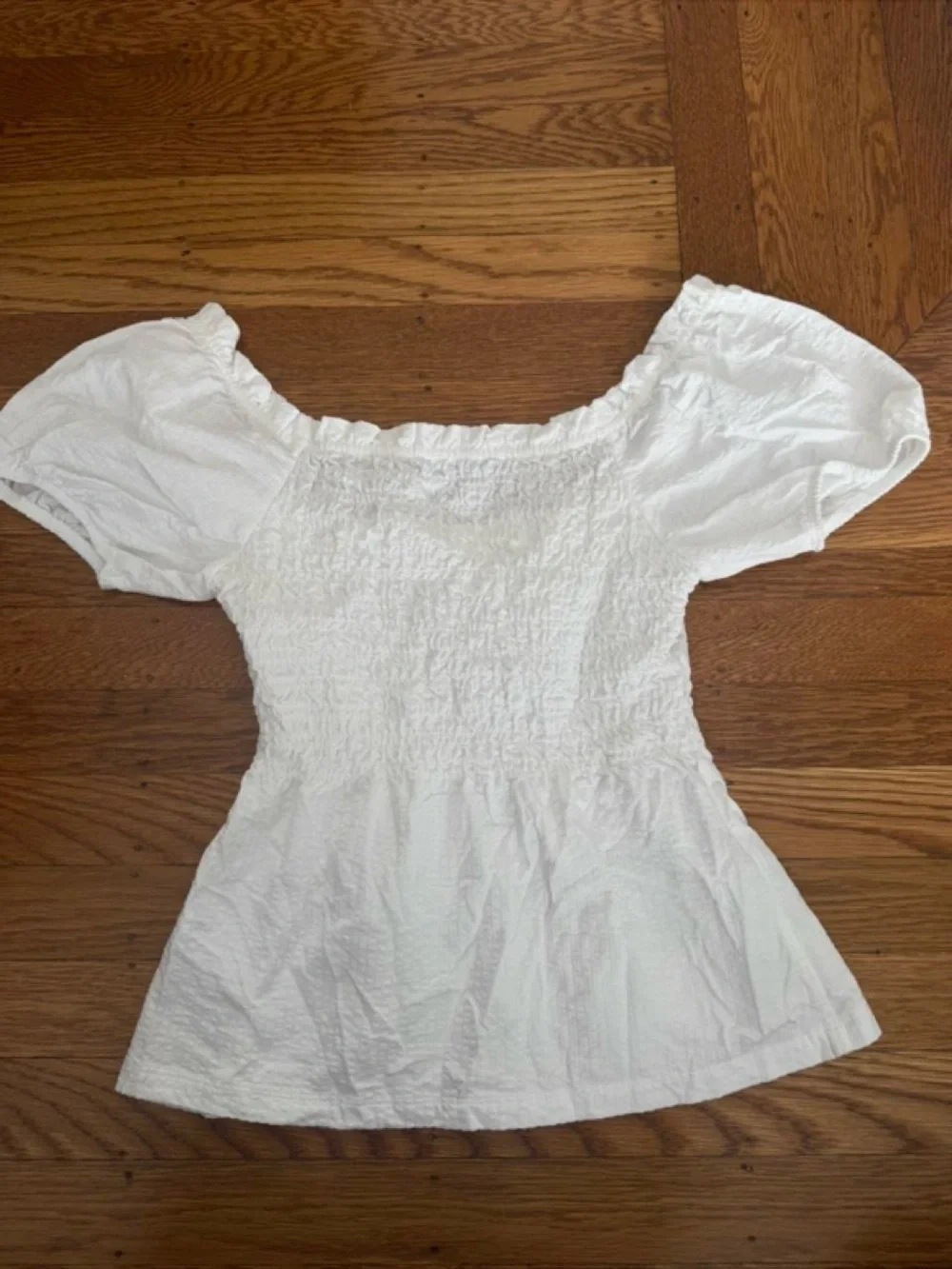J. Crew White Puff Sleeve Smocked Waist Blouse